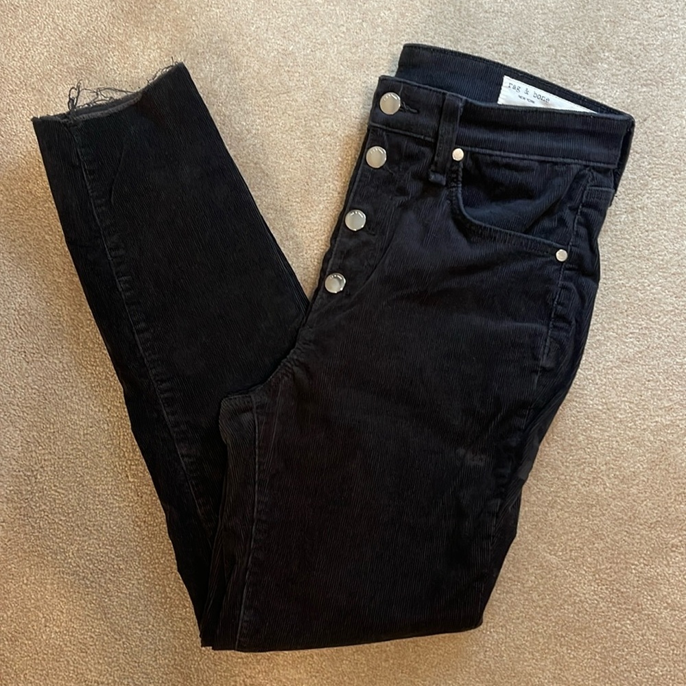 Rag & Bone 28 Black Corduroy Skinny Raw Hem Button-Down